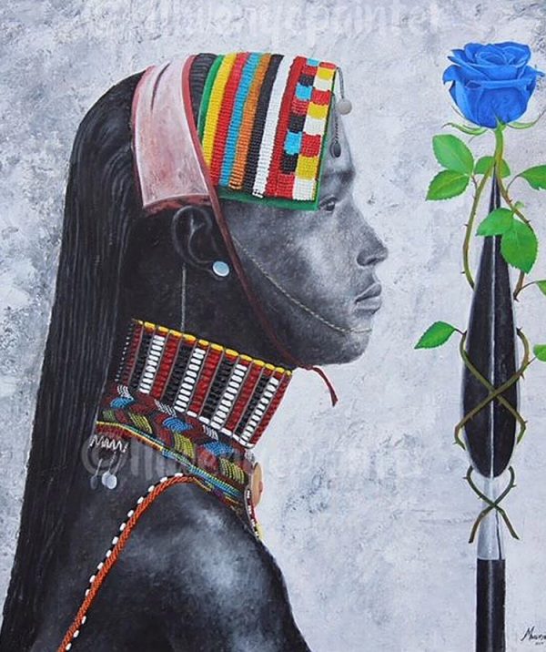Beauty in the Beads, warrior has placed a rose on his spear.