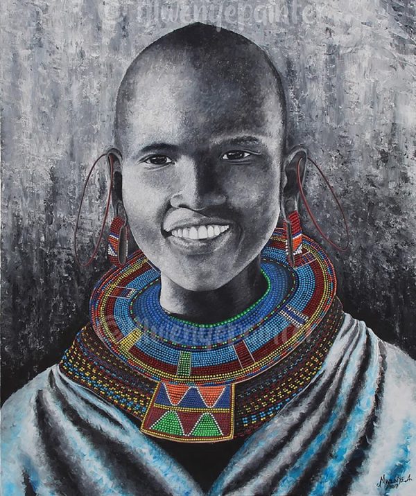 The smiling Massai woman in the painting was dressed in her regalia and full of joy under the scorching African sun.