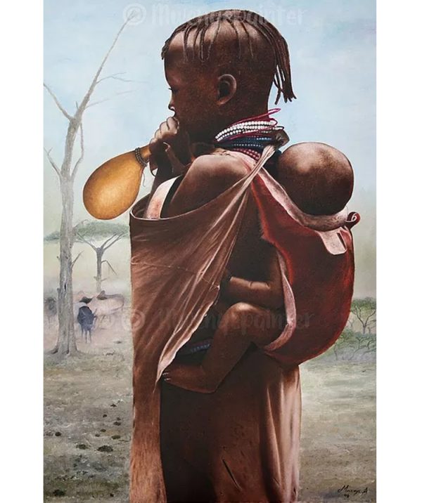 An original oil painting of a Turkana girl carries her brother on her back